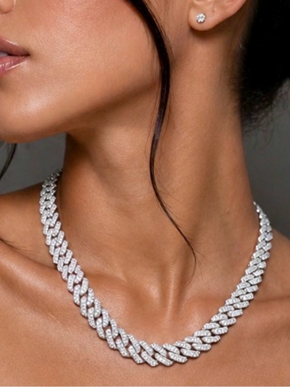 Cuban Link Necklace - Silver Tone 18" Iced Out